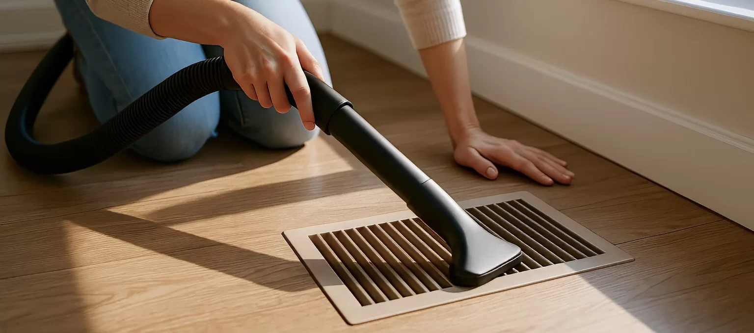 vacuuming floor vent for geothermal maintenance